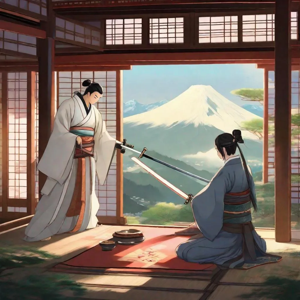 Prompt: Zenayata teaching Genji to use a sword, digital illustration, serene and peaceful ambiance, detailed robotic features, tranquil mountain backdrop, traditional Japanese architecture, spiritual guidance, high quality, digital illustration, serene ambiance, detailed robotic features, traditional architecture, tranquil mountain backdrop, spiritual guidance