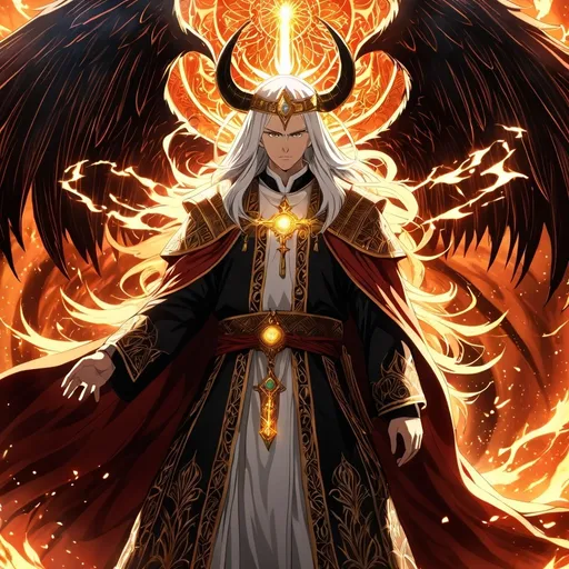 Prompt: Anime artwork of a wise and holy priest cleric, battling demons from hell, intense and focused gaze, detailed robes with intricate patterns, radiant holy aura, dramatic lighting, highres, ultra-detailed, anime, fantasy, intense battle, holy, detailed robes, dramatic lighting, radiant aura, demons, intense gaze