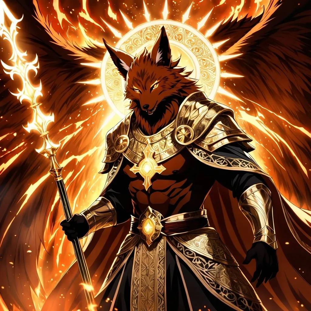 Prompt: Anime artwork of a wise and holy fenic fox beast-man priest cleric, battling demons from hell, intense and focused gaze, detailed robes with intricate patterns, radiant holy aura, dramatic lighting, highres, ultra-detailed, anime, fantasy, intense battle, holy, detailed robes, dramatic lighting, radiant aura, demons, intense gaze