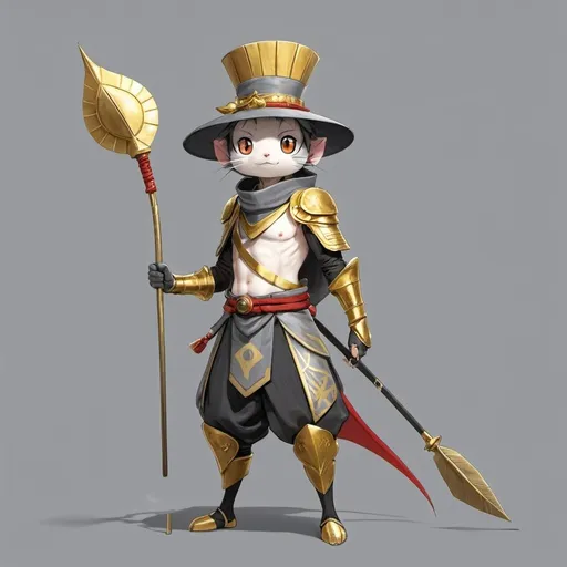 Prompt: a character in a costume holding a spear and a hat on a gray background with a gold spot in the middle, Ai-Mitsu, mingei, lostfish, concept art