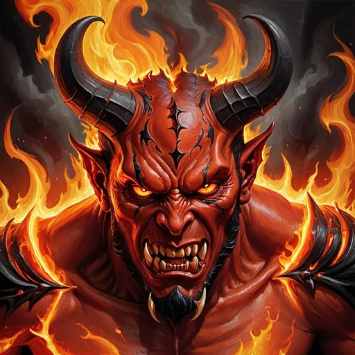Prompt: Devils emerging from evil flames, fiery and demonic, high quality, digital painting, dark and ominous tones, intense and menacing expressions, intricate devil horns, flames with ominous reflections, detailed and sinister, hellish inferno, demonic transformation, eerie lighting, digital painting, highres, dark tones, menacing, fiery, sinister, demonic, intense expressions, intricate details, hellish atmosphere