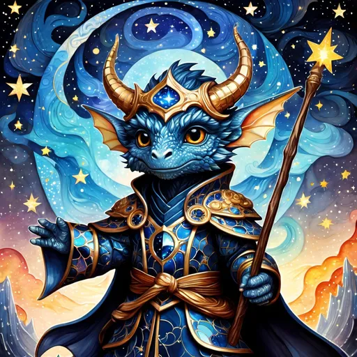 Prompt: an adorable chibi dragonborn wizard, dark starry night, gorgeous eyes, stained glass, fantasy illustration, textured with large visible brush strokes, detailed scales, hypermaximalism, astral patterns, star lit sky, masterpiece, breathtaking intricate details, in the style of Andreas Lie, van Gogh, Hokusai, Luke Gram, Albert Robida, Victo Ngai