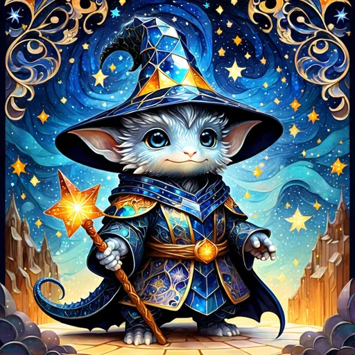 Prompt: an adorable chibi dragonborn wizard, dark starry night, gorgeous eyes, stained glass, fantasy illustration, textured with large visible brush strokes, detailed scales, hypermaximalism, astral patterns, star lit sky, masterpiece, breathtaking intricate details, in the style of Andreas Lie, van Gogh, Hokusai, Luke Gram, Albert Robida, Victo Ngai