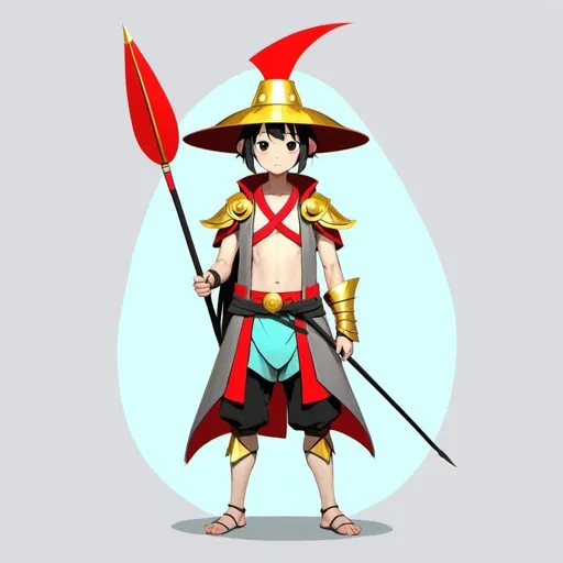 Prompt: a character in a costume holding a spear and a hat on a gray background with a gold spot in the middle, Ai-Mitsu, mingei, lostfish, concept art