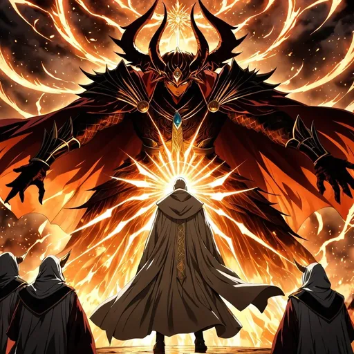 Prompt: Anime artwork of a wise and holy priest cleric, battling demons from hell, intense and focused gaze, detailed robes with intricate patterns, radiant holy aura, dramatic lighting, highres, ultra-detailed, anime, fantasy, intense battle, holy, detailed robes, dramatic lighting, radiant aura, demons, intense gaze