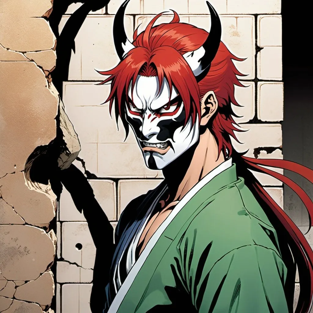 Prompt: a man with red hair and a demon mask on, standing in front of a wall with a hole in it, Baiōken Eishun, sots art, official art, a comic book panel