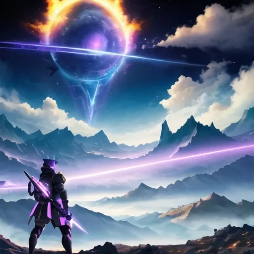 Prompt: sci-fi armoured ninja god son of ares yellow electric aura wielding purple greek fire katana standing on mountain about to attack with dark flame dragon celestial cloud background