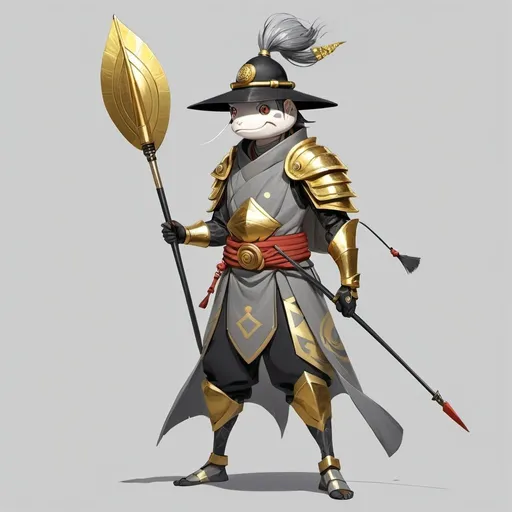 Prompt: a character in a costume holding a spear and a hat on a gray background with a gold spot in the middle, Ai-Mitsu, mingei, lostfish, concept art