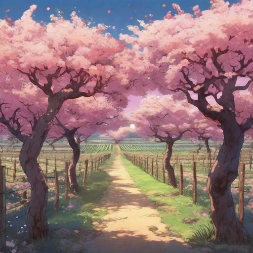 Prompt: Beautiful anime landscape with a devil fruit orchard in full bloom