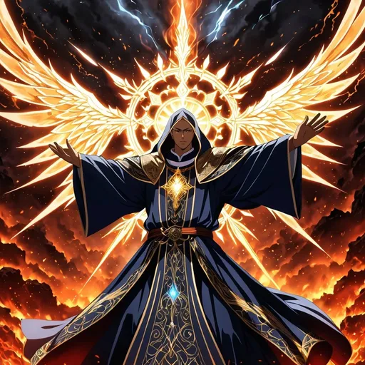 Prompt: Anime artwork of a wise and holy priest cleric, battling demons from hell, intense and focused gaze, detailed robes with intricate patterns, radiant holy aura, dramatic lighting, highres, ultra-detailed, anime, fantasy, intense battle, holy, detailed robes, dramatic lighting, radiant aura, demons, intense gaze