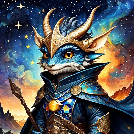 Prompt: an adorable chibi dragonborn wizard, dark starry night, gorgeous eyes, stained glass, fantasy illustration, textured with large visible brush strokes, detailed scales, hypermaximalism, astral patterns, star lit sky, masterpiece, breathtaking intricate details, in the style of Andreas Lie, van Gogh, Hokusai, Luke Gram, Albert Robida, Victo Ngai