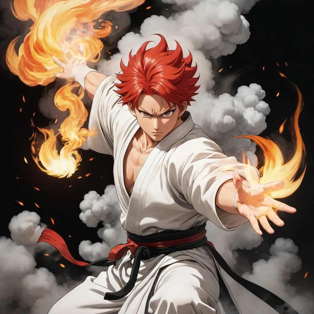 Prompt: a man with a red hair and a white body is standing in a cloud of smoke and fire with his arms outstretched, Baiōken Eishun, auto-destructive art, official art, manga concept art