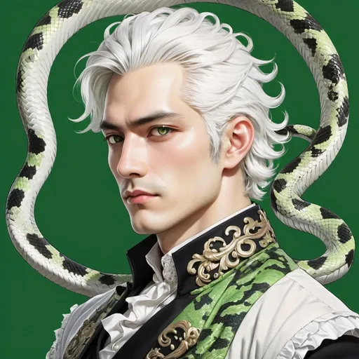 Prompt: Manga-style portrait of a man with white hair, detailed snake on shoulder, rococo attire, Adam Manyoki inspired, green background with black spots, high-detail illustration, misc-manga, professional, detailed eyes, manga, rococo, white hair, snake, intricate design, green background, professional lighting