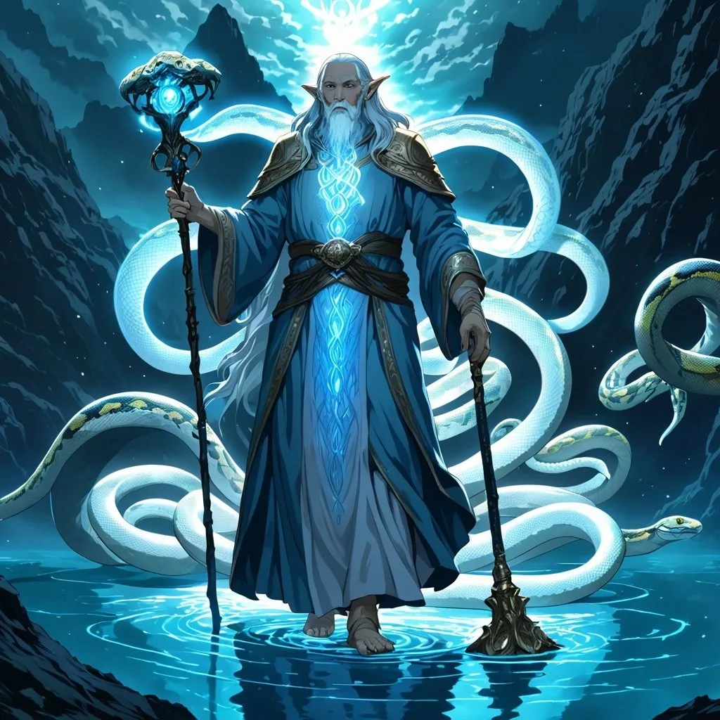 Prompt: Anime illustration of an old elf cleric holding the staff of python, surrounded by the god of all pythons, walking on a glowing blue lake, ethereal glow, detailed facial features, magical anime, highres, ultra-detailed, anime, fantasy, glowing blue, godly presence, mystical, detailed character design, professional, atmospheric lighting