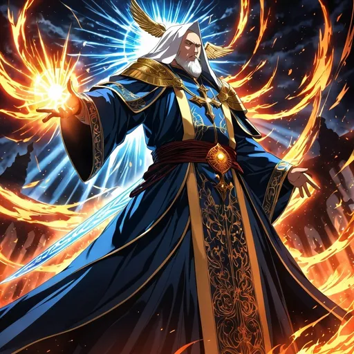 Prompt: Anime artwork of a wise and holy priest cleric, battling demons from hell, intense and focused gaze, detailed robes with intricate patterns, radiant holy aura, dramatic lighting, highres, ultra-detailed, anime, fantasy, intense battle, holy, detailed robes, dramatic lighting, radiant aura, demons, intense gaze