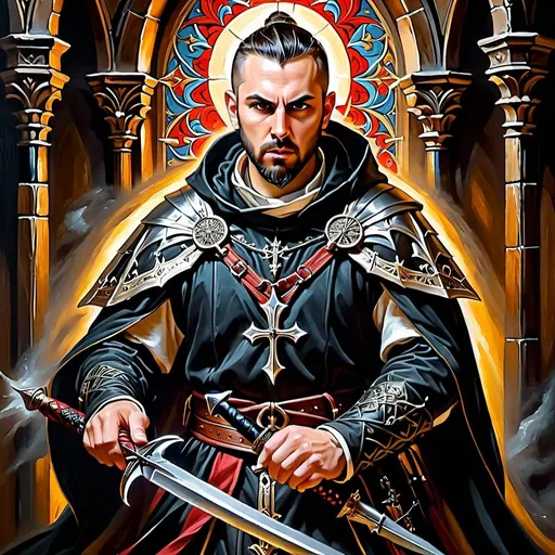 Prompt: Assassin priest cleric holding holy daggers, oil painting, intense expression, intricate details, medieval fantasy, high contrast, dramatic lighting, dark tones, professional quality, oil painting, intense, medieval fantasy, dramatic lighting, dark tones, holy daggers, assassin priest cleric, professional quality, intricate details, high contrast