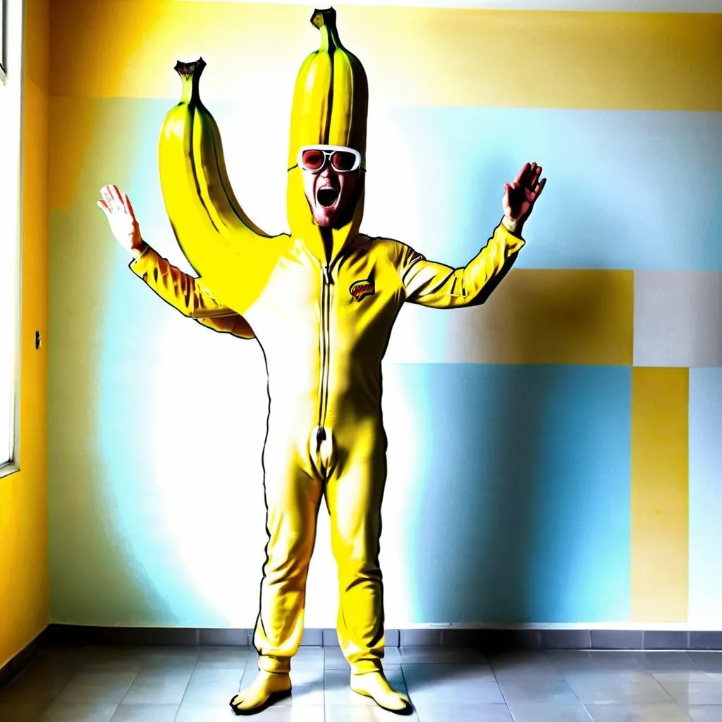 Prompt: a man in a banana suit is standing with his arms up and his hands in the air, with a banana on his head, Dong Kingman, rayonism, p, a stock photo