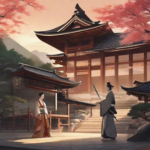 Prompt: Zenayata teaching Genji to use a sword, digital illustration, serene and peaceful ambiance, detailed robotic features, tranquil mountain backdrop, traditional Japanese architecture, spiritual guidance, high quality, digital illustration, serene ambiance, detailed robotic features, traditional architecture, tranquil mountain backdrop, spiritual guidance