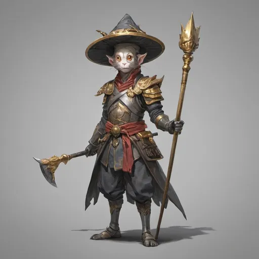 Prompt: a character in a costume holding a spear and a hat on a gray background with a gold spot in the middle, Ai-Mitsu, mingei, lostfish, concept art