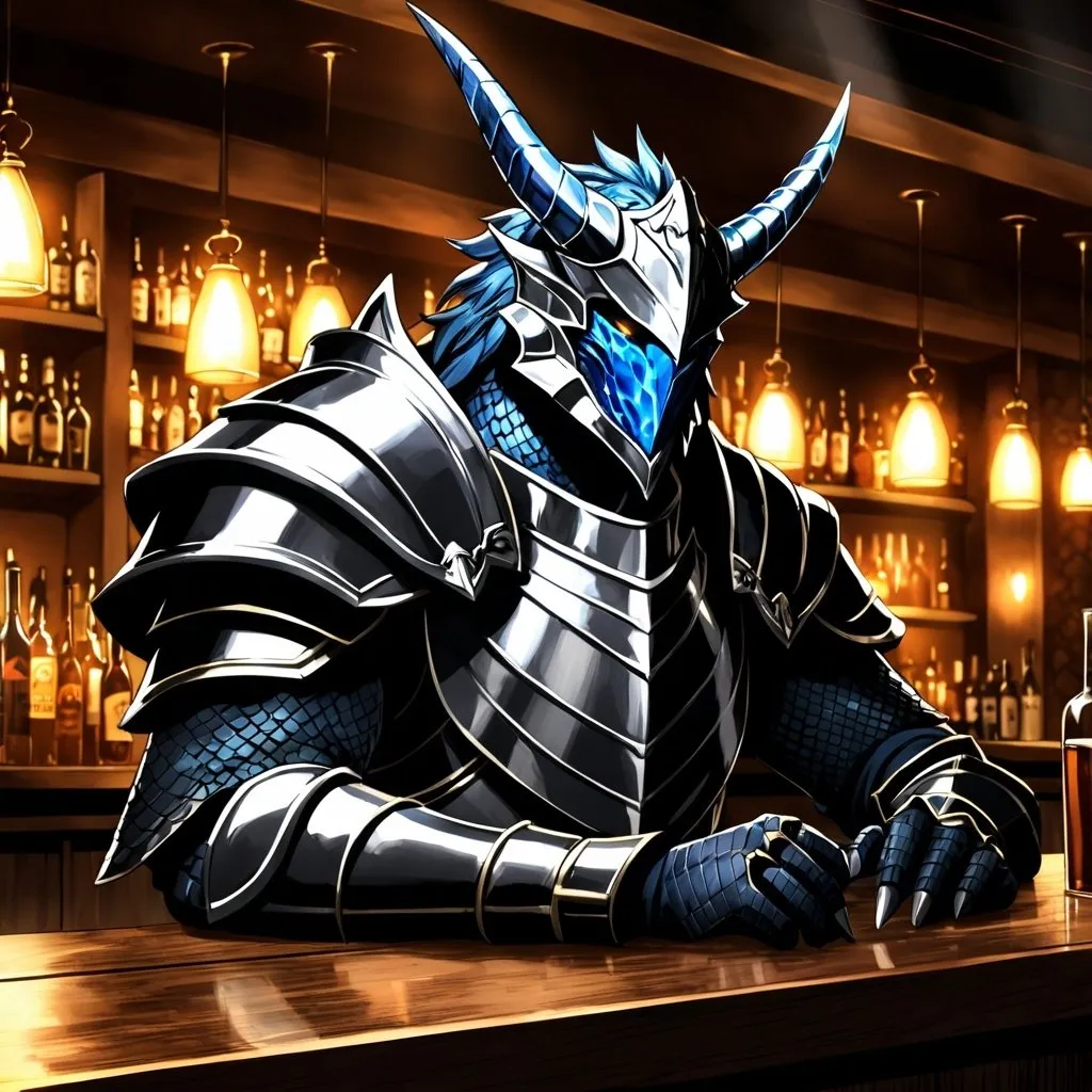 Prompt: Anime illustration of a Dragonborn Paladin heavily drinking in a bar, fantasy setting,  black scales, intense expression, mystical aura, dramatic lighting, best quality, highres, anime, fantasy, detailed character design.