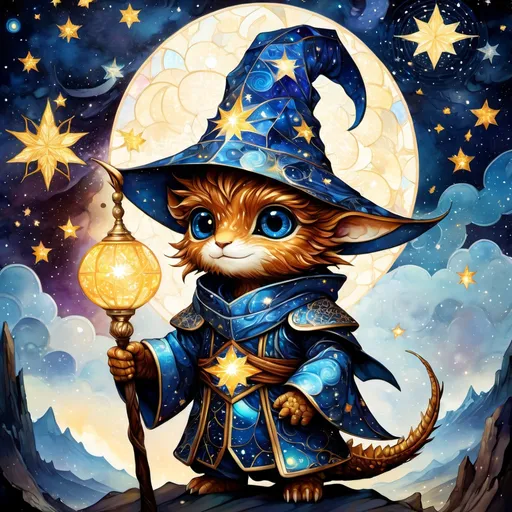 Prompt: an adorable chibi dragonborn wizard, dark starry night, gorgeous eyes, stained glass, fantasy illustration, textured with large visible brush strokes, hypermaximalism, astral patterns, star lit sky, masterpiece, breathtaking intricate details, in the style of Andreas Lie, van Gogh, Hokusai, Luke Gram, Albert Robida, Victo Ngai