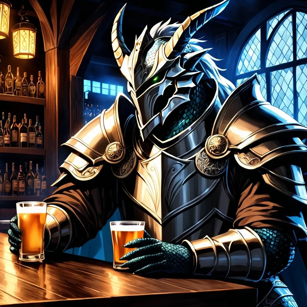 Prompt: Anime illustration of a Dragonborn Paladin heavily drinking in a bar, fantasy setting, detailed armor and scales, intense expression, mystical aura, dramatic lighting, best quality, highres, anime, fantasy, detailed character design.