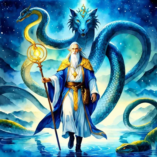 Prompt: Anime illustration of an old elf cleric holding the staff of python, walking on glowing blue lake, surrounded by the god of all pythons, highres, fantasy, detailed facial features, watercolor painting, ethereal glow, mythical creatures, ancient aura, serene atmosphere, vibrant colors, majestic lighting