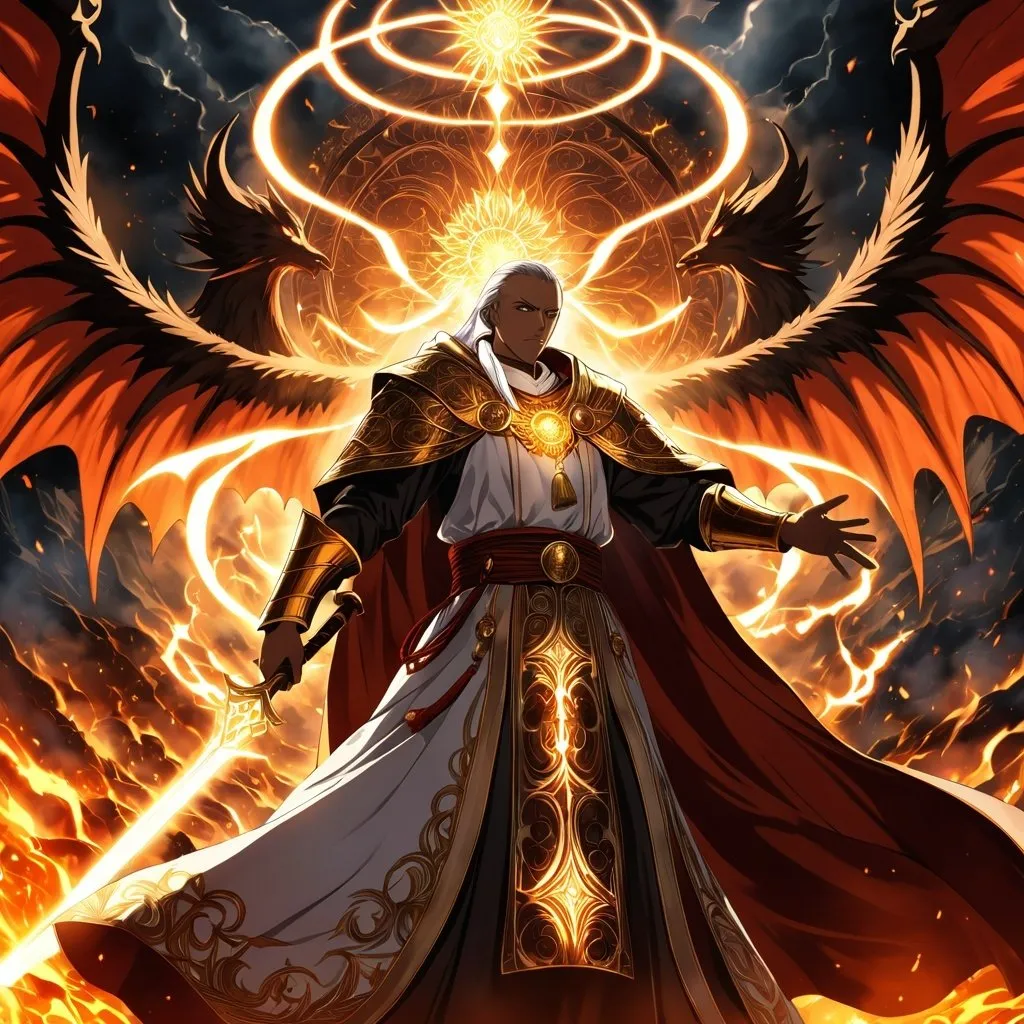 Prompt: Anime artwork of a wise and holy priest cleric, battling demons from hell, intense and focused gaze, detailed robes with intricate patterns, radiant holy aura, dramatic lighting, highres, ultra-detailed, anime, fantasy, intense battle, holy, detailed robes, dramatic lighting, radiant aura, demons, intense gaze