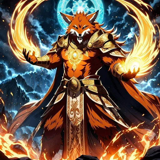 Prompt: Anime artwork of a wise and holy fenic fox beast-man priest cleric, battling demons from hell, intense and focused gaze, detailed robes with intricate patterns, radiant holy aura, dramatic lighting, highres, ultra-detailed, anime, fantasy, intense battle, holy, detailed robes, dramatic lighting, radiant aura, demons, intense gaze