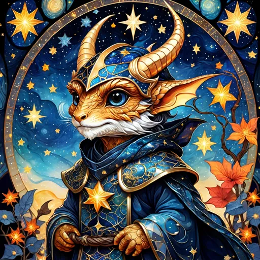 Prompt: an adorable chibi dragonborn wizard, dark starry night, gorgeous eyes, stained glass, fantasy illustration, textured with large visible brush strokes, hypermaximalism, astral patterns, star lit sky, masterpiece, breathtaking intricate details, in the style of Andreas Lie, van Gogh, Hokusai, Luke Gram, Albert Robida, Victo Ngai