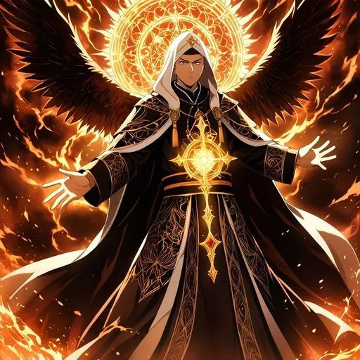 Prompt: Anime artwork of a wise and holy priest cleric, battling demons from hell, intense and focused gaze, detailed robes with intricate patterns, radiant holy aura, dramatic lighting, highres, ultra-detailed, anime, fantasy, intense battle, holy, detailed robes, dramatic lighting, radiant aura, demons, intense gaze