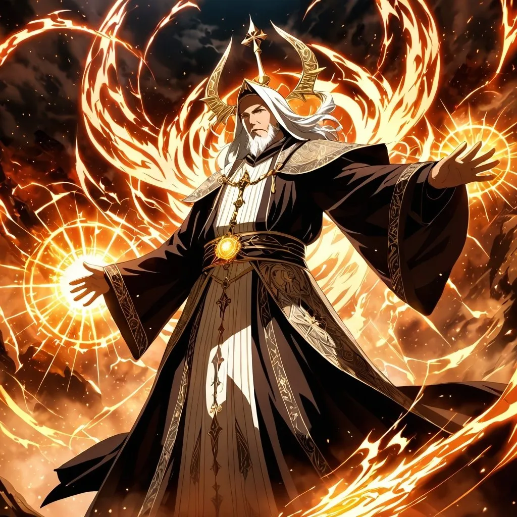 Prompt: Anime artwork of a wise and holy priest cleric, battling demons from hell, intense and focused gaze, detailed robes with intricate patterns, radiant holy aura, dramatic lighting, highres, ultra-detailed, anime, fantasy, intense battle, holy, detailed robes, dramatic lighting, radiant aura, demons, intense gaze