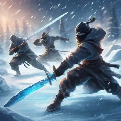 Prompt: Ice ninja fighting, digital painting, dynamic action, high quality, detailed, anime, cool tones, intense lighting, icy surroundings, icy weapons, fierce combat, frozen atmosphere