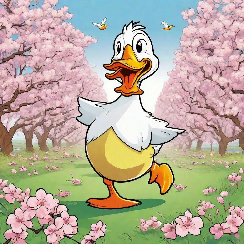 Prompt: a funny cartoon duck in a cherry blossom orchard in full bloom