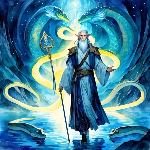 Prompt: Anime illustration of an old elf cleric holding the staff of python, walking on glowing blue lake, surrounded by the god of all pythons, highres, fantasy, detailed facial features, watercolor painting, ethereal glow, mythical creatures, ancient aura, serene atmosphere, vibrant colors, majestic lighting