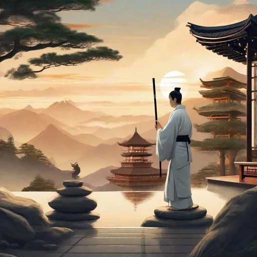 Prompt: sensei wu teaching a samari to use a staff, digital illustration, serene and peaceful ambiance, detailed robotic features, tranquil mountain backdrop, traditional Japanese architecture, spiritual guidance, high quality, digital illustration, serene ambiance, detailed robotic features, traditional architecture, tranquil mountain backdrop, spiritual guidance