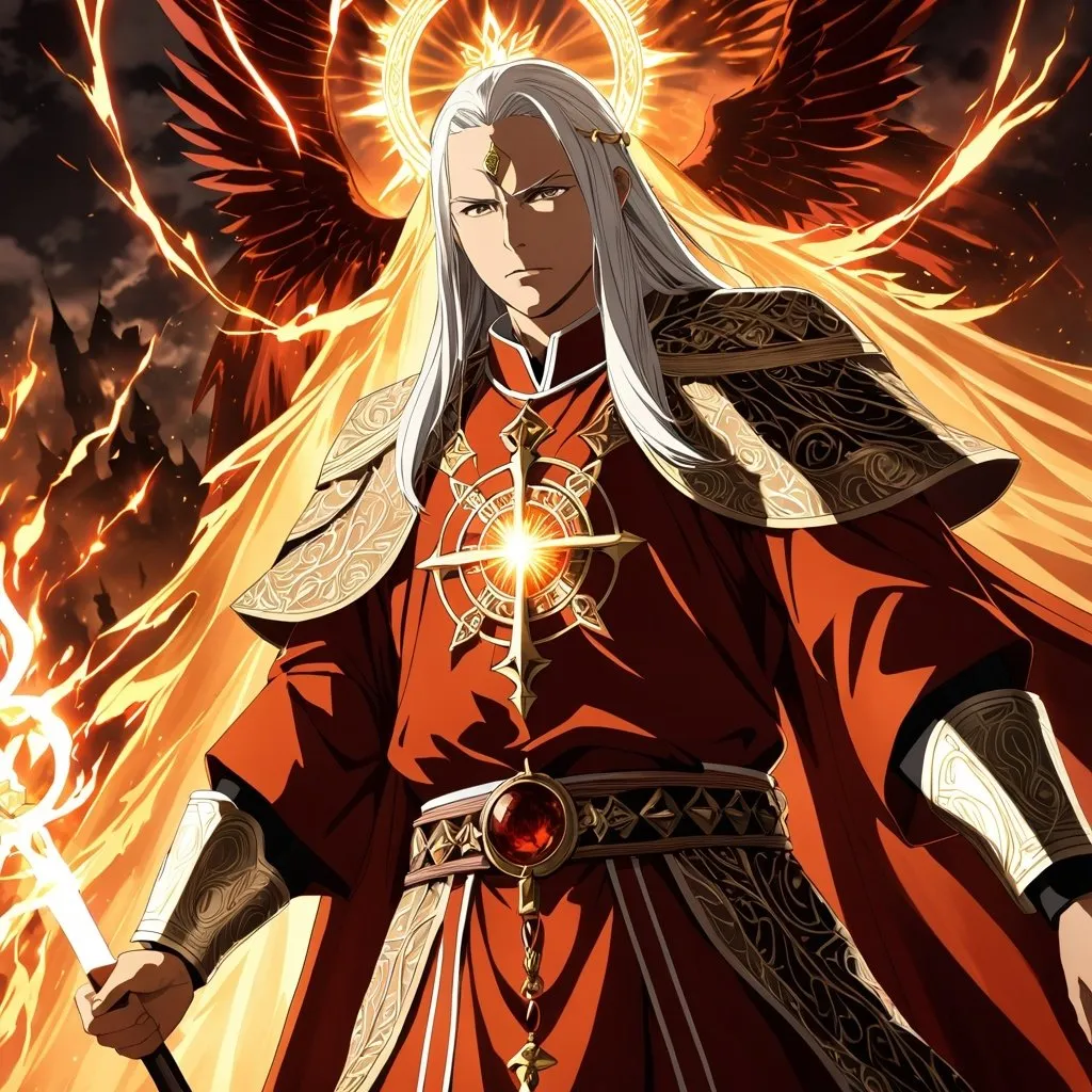 Prompt: Anime artwork of a wise and holy priest cleric, battling demons from hell, intense and focused gaze, detailed robes with intricate patterns, radiant holy aura, dramatic lighting, highres, ultra-detailed, anime, fantasy, intense battle, holy, detailed robes, dramatic lighting, radiant aura, demons, intense gaze