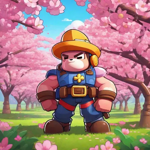 Prompt: a brawl stars brawler standing in a cherry blossom orchard in full bloom