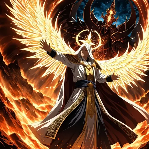 Prompt: Anime artwork of a wise and holy priest cleric, battling demons from hell, intense and focused gaze, detailed robes with intricate patterns, radiant holy aura, dramatic lighting, highres, ultra-detailed, anime, fantasy, intense battle, holy, detailed robes, dramatic lighting, radiant aura, demons, intense gaze