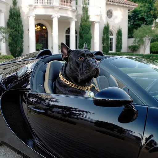 Prompt: A big cane corso, color black driving a black Bugatti with no roof like a convertible and the dog is wearing a golden chain while in front of a mansion