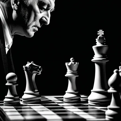 Prompt: Clever-looking, captivating black and white surrealism photo of king and tower, chess move, background for website, few figures on chessboard, checkmate, high quality, surrealism, black and white, captivating shot, chess, king and tower, website background, surrealistic, dramatic lighting