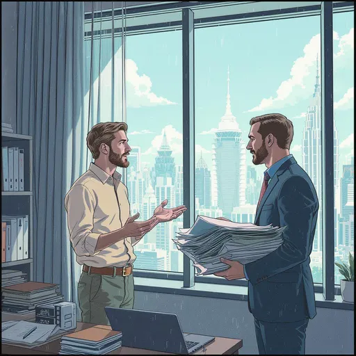 Prompt: In the style of a frank miller graphic novel
show me a designer discussing a project with a content manager who is holding a large sheath of papers. Make the environment a cool office with large windows
