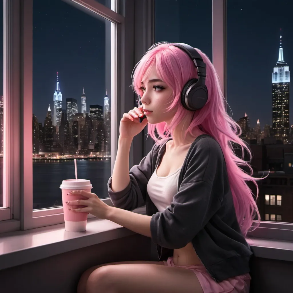 Prompt: A pink hair color anime girl sitting next to the window in a tower in New York City at night time listening to music with her headphones and drinking coffee
