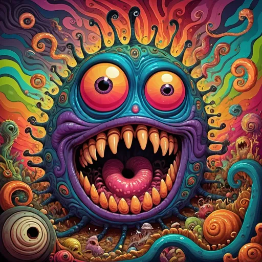 Prompt: Psychedelic illustration of an irate grub, vibrant and swirling colors, surreal fantasy setting, exaggerated expressions, whimsical and dreamlike, detailed textures, wild and chaotic, high quality, psychedelic, irate grub, surreal, vibrant colors, fantasy setting, exaggerated expressions, dreamlike, detailed textures, whimsical, chaotic, wild, swirling colors, surrealistic, highres, artistic, dynamic lighting