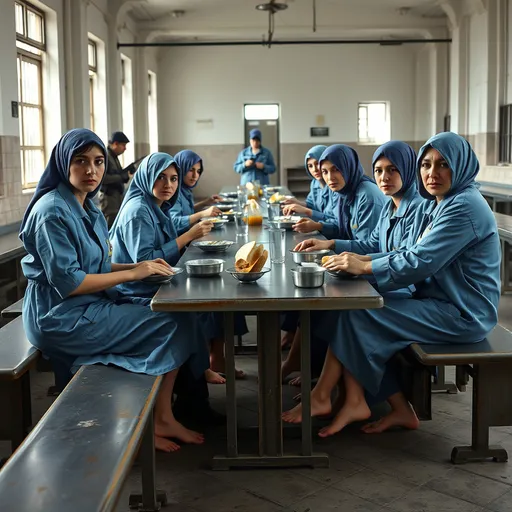 Prompt: 
hyper realistic group of young, mature and older Turkish, Polish, Russian and German  1980 women together, dressed all in the same in  stained disgusting tattered ragged blue maxi long prison nightshirt with prison number tag and all together wearing on head a  blue prison convict cap pulled over the forehead which is covering completely the hair, all together barefoot, detailed feet, having meal in prison sitting opposite to each other on long steel benches at long steel tables within a large prison lunch room with barred windows, in the background armed female prison guards. The lunch consists of soup in metallic prisoner pans, some slices of bread and water in metallic cups

