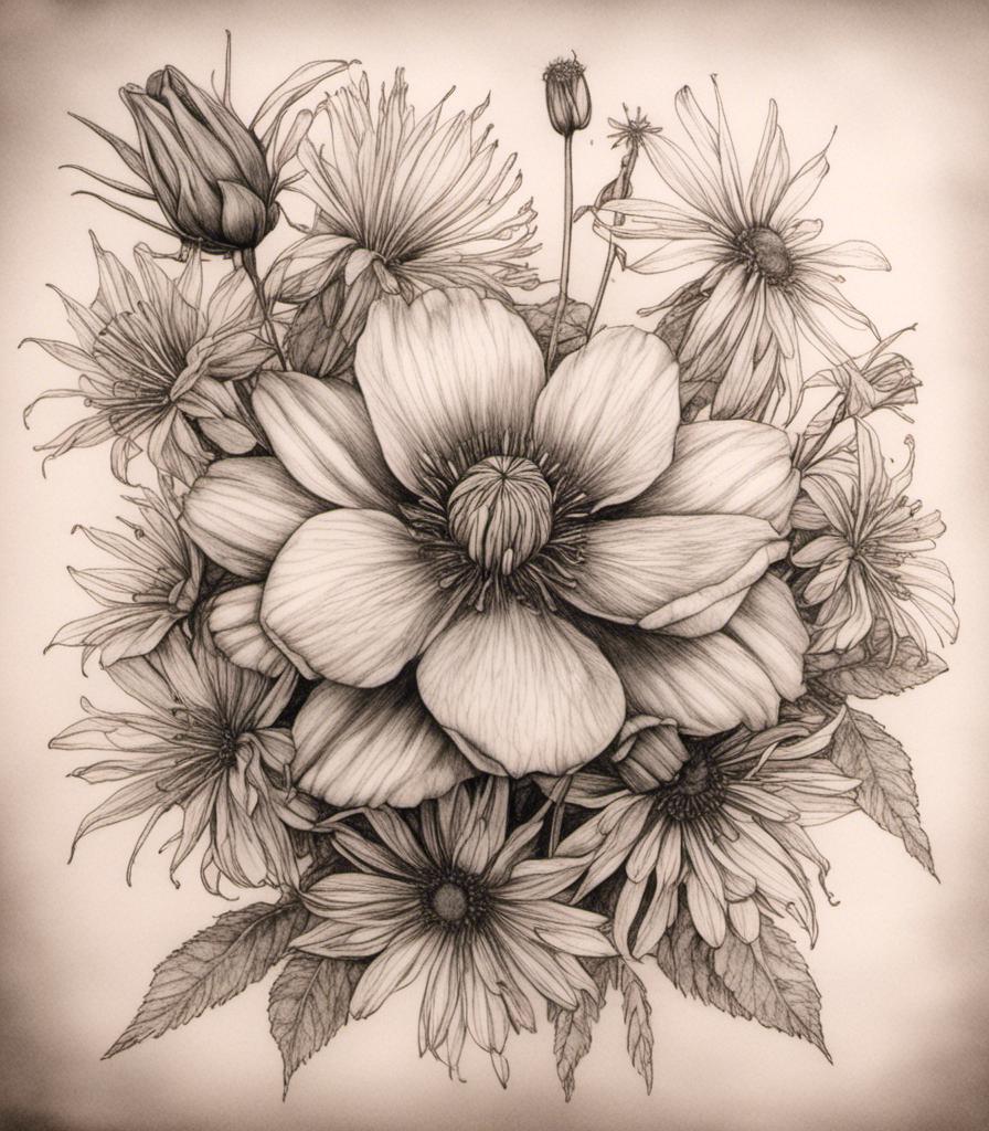 Prompt: <mymodel>(pencil-sketch of a rose, dandelion, asiatic lily, columbine flower, sunflower), detailed botanical illustrations, soft shading, intricate line work, delicate textures, artistic layout, high definition, masterpiece, floral art aesthetic, beautifully blended elements.