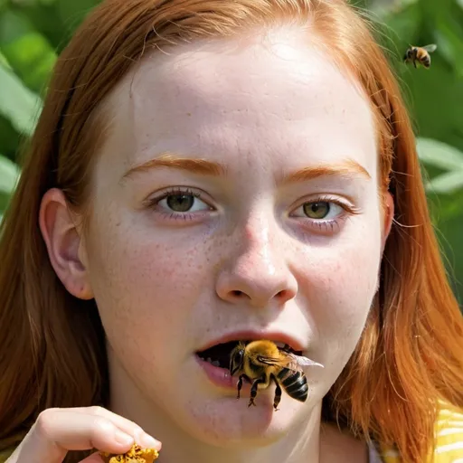 Prompt: A 15 year old female ginger eating bees