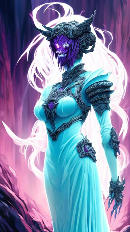 Prompt: Anime-style illustration of a serious monstrer that is a spectral maiden, flowing ghostly dress under pieces of armour, clawed hands made of armour, long dark glowing purple hair, serious expresion, 