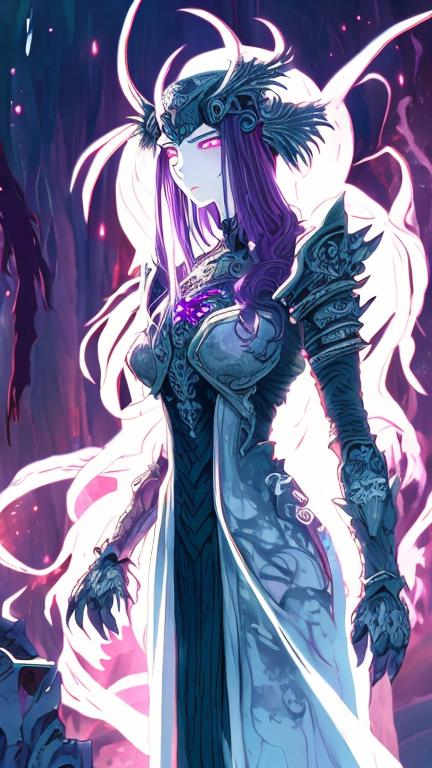 Prompt: Anime-style illustration of a serious monster that is a spectral maiden, flowing ghostly dress under pieces of armour, clawed hands made of armour, long dark glowing purple hair, serious expresion, give her a pretty but face and glowing eyes