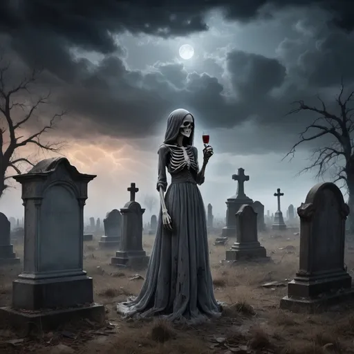 Prompt: 
	2.	The Specter’s Hand: A ghostly landscape in an abandoned cemetery, with ancient, half-destroyed tombstones. At the center, a skeletal hand emerges from the ground, surrounded by an ethereal glow. The sky is ashen, with threatening clouds swirling above the scene with tre well-dressed girls that are drinking blood with a ghostly face

make that artistic